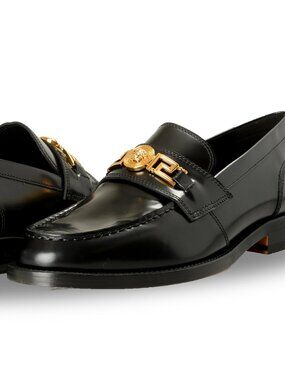 Versace Men's Black Leather Gold Medusa Logo Loafers Shoes US 8 IT 41